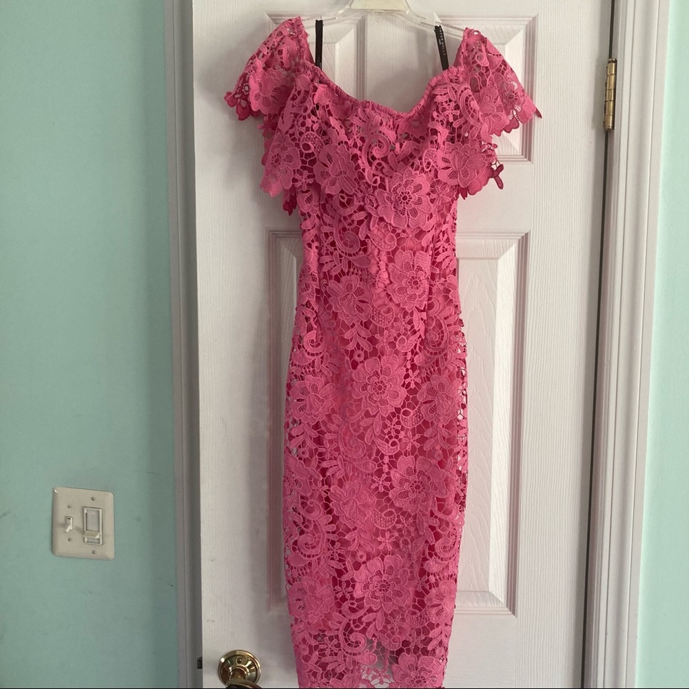 Pink lace off the shoulder dress